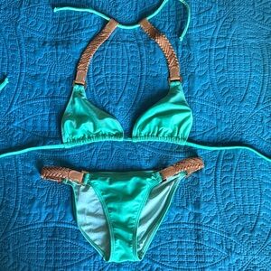 Stylish Green Bikini with Tan Accents NWOT
